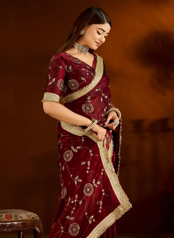 Maroon_Satin_Silk_Saree_with_Heavy_Embroidered_Work