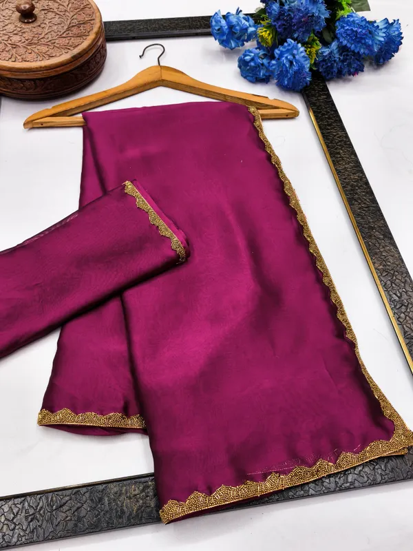 New_Party_Wear_Rangoli_Silk_Rani_color_saree_with_Blouse_and_stone_lace_Border