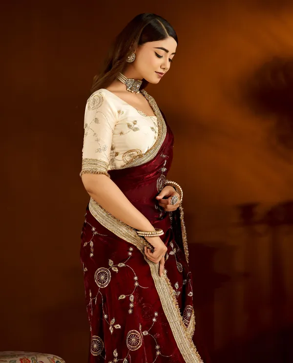 Maroon_Color_Satin_Silk_Saree_with_Beige_Blouse_Heavy_Embroidered_Work