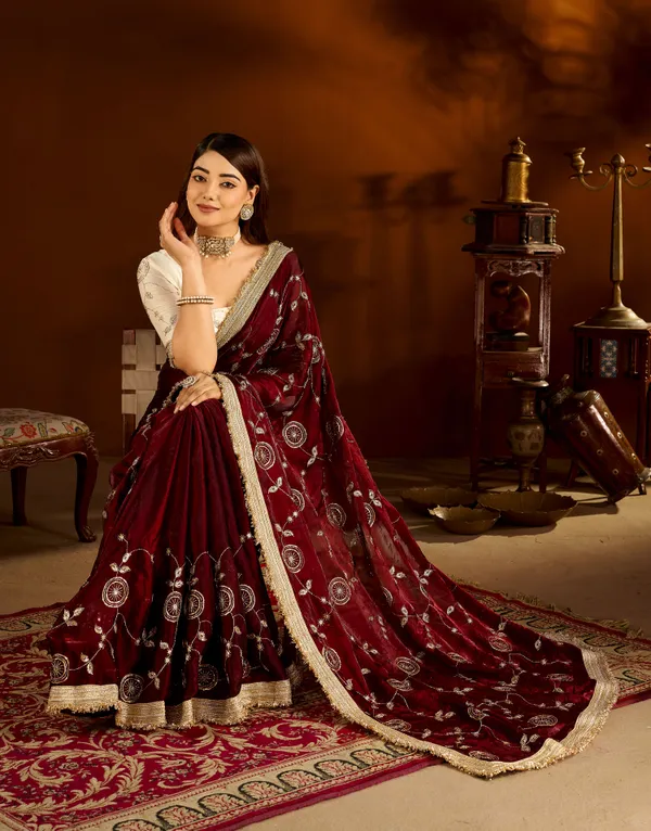 Maroon_Color_Satin_Silk_Saree_with_Beige_Blouse_Heavy_Embroidered_Work