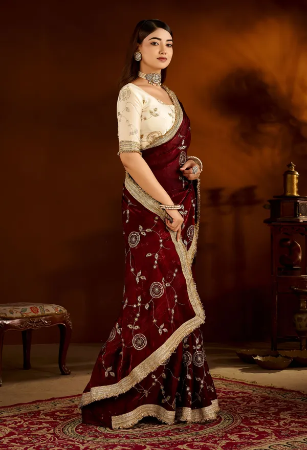 Maroon_Color_Satin_Silk_Saree_with_Beige_Blouse_Heavy_Embroidered_Work