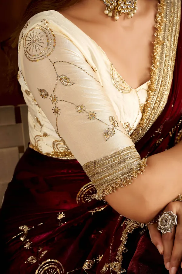 Maroon_Color_Satin_Silk_Saree_with_Beige_Blouse_Heavy_Embroidered_Work
