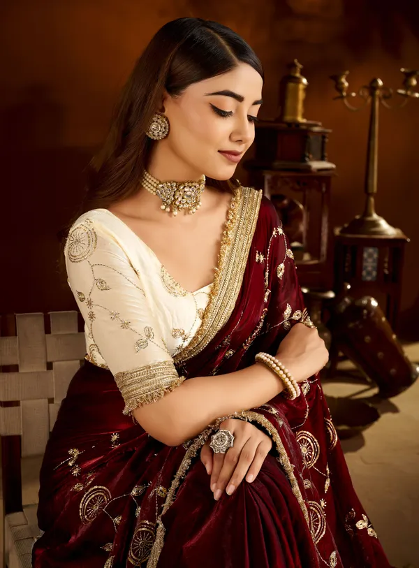 Maroon_Color_Satin_Silk_Saree_with_Beige_Blouse_Heavy_Embroidered_Work