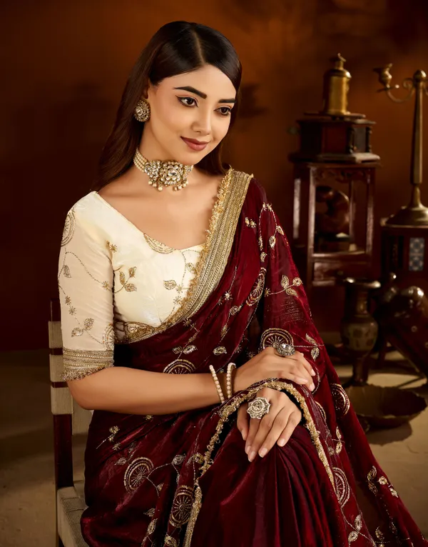 Maroon_Color_Satin_Silk_Saree_with_Beige_Blouse_Heavy_Embroidered_Work