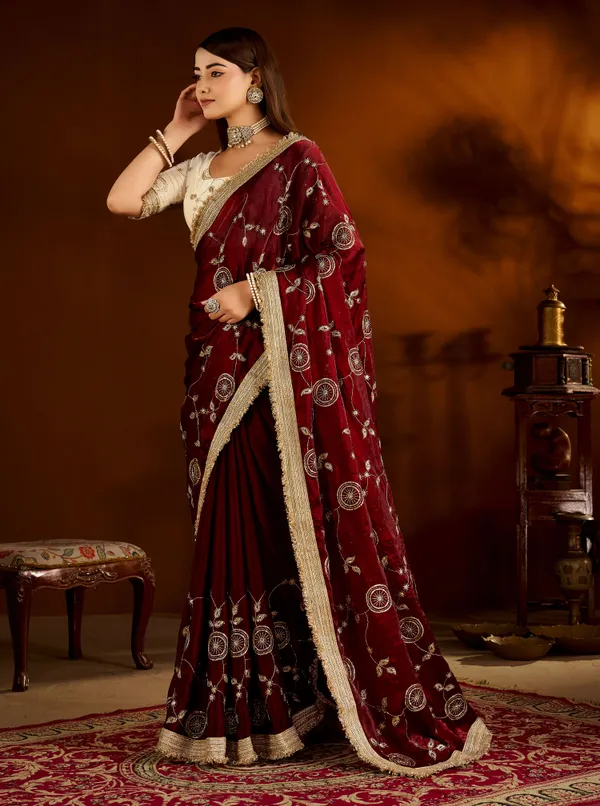 Maroon_Color_Satin_Silk_Saree_with_Beige_Blouse_Heavy_Embroidered_Work