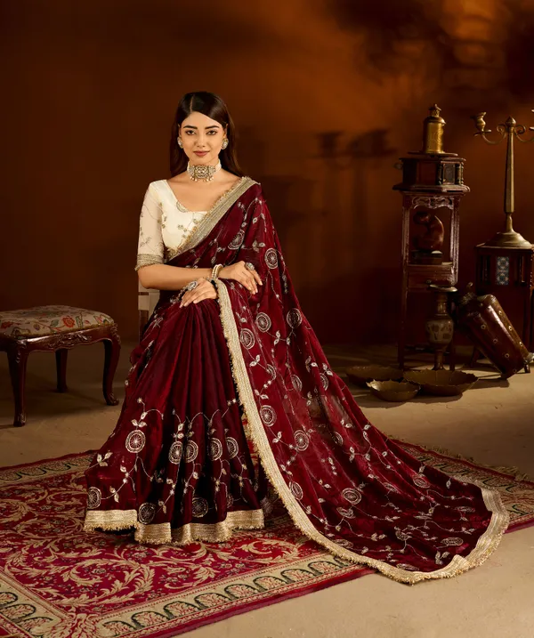 Maroon_Color_Satin_Silk_Saree_with_Beige_Blouse_Heavy_Embroidered_Work