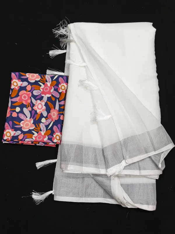 White_Cotton_Linen_Saree_with_Golden_Border_&_Navy_Blue_Multicolor_Floral_Blouse_Piece