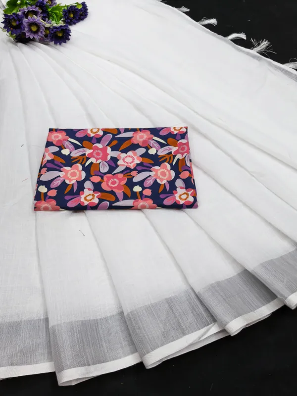 White_Cotton_Linen_Saree_with_Golden_Border_&_Navy_Blue_Multicolor_Floral_Blouse_Piece