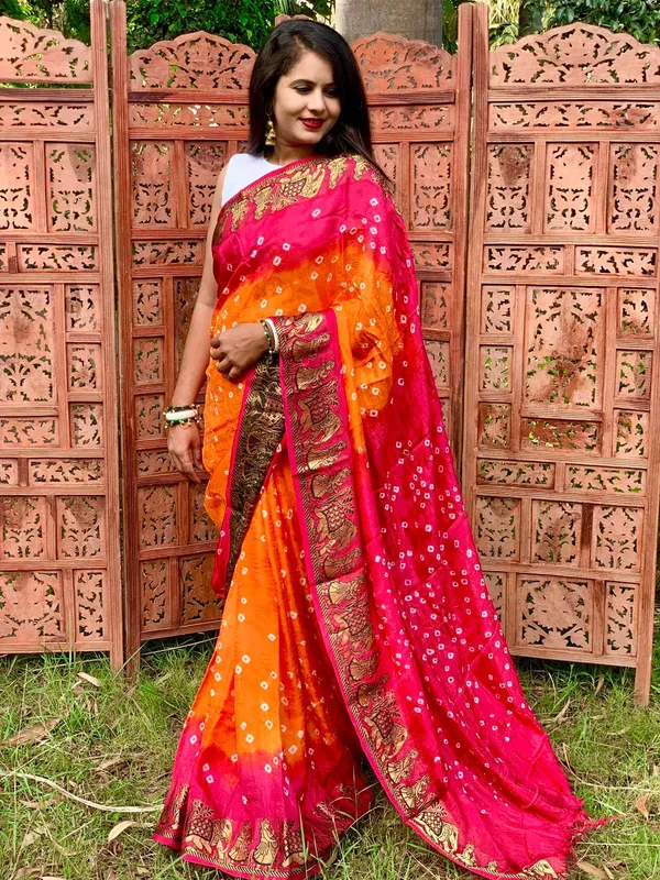 Pink_Orange_New_Bandhani_Silk_Zari_WovenBorder_Saree_Unstiched_Blouse_Fabric