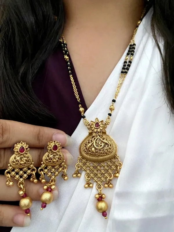 Pure_Copper_Brass_Micro_Finish_Ruby_Stone_Designer_Mangalsutra_With_Earring