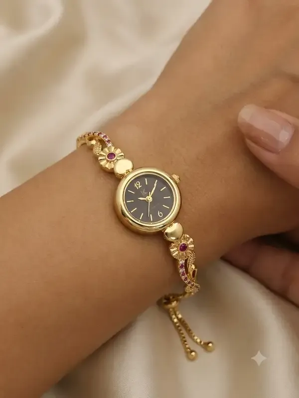 Gold_Plated_White_Dial_Floral_Bracelet_Watch_For_Women