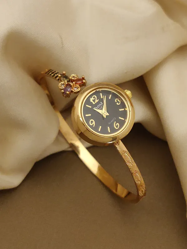 new_designer_premim_quality_high_gold_plated_ad_diamond_studed_flower_adjustable_black_watch