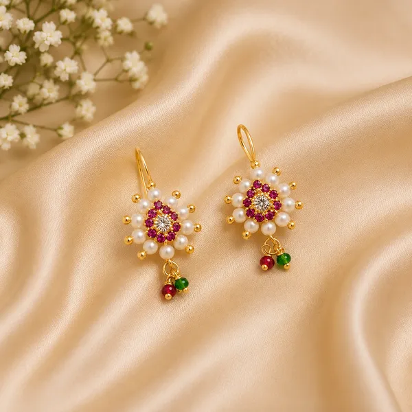 Gold_Plated_Maharashtrian_Pressing_Bugadi_Earrings_|_Flower_Design_Red_Stone_Green_Drop_Bugadi_For_Women