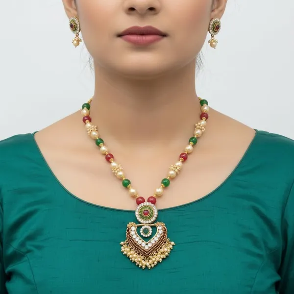 Gold-Plated_Multicolor_Beaded_Pendant_Necklace_Set_|_Pink,_Green_And_Stone_Accents_With_Ethnic_Jewelry