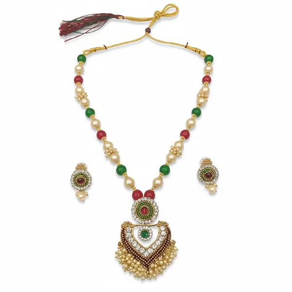 Gold-Plated_Multicolor_Beaded_Pendant_Necklace_Set_|_Pink,_Green_And_Stone_Accents_With_Ethnic_Jewelry