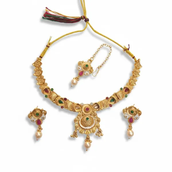 Gold-Plated_Floral_Pendant_Necklace_Set_|_Meenakari_Accents_With_Red_&_Green_Stones_|_Earrings_&_Maang_Tikka