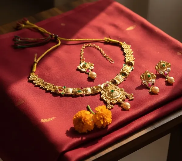 Gold-Plated_Floral_Pendant_Necklace_Set_|_Meenakari_Accents_With_Red_&_Green_Stones_|_Earrings_&_Maang_Tikka