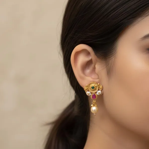 Gold-Plated_Floral_Pendant_Necklace_Set_|_Meenakari_Accents_With_Red_&_Green_Stones_|_Earrings_&_Maang_Tikka