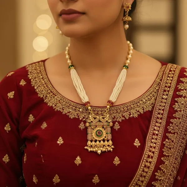 Gold-Plated_Long_Pearl_Mala_Necklace_|_Peacock_Filigree_Pendant_Design_With_Jhumka_Earrings