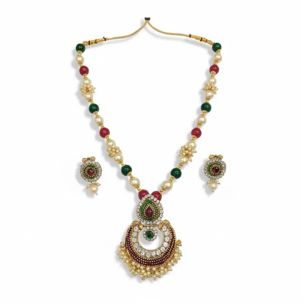 Gold-Plated_Chandbali_Pendant_Necklace_Set_|_Stone_&_Multi-Color_Bead_Chain_|_Ethnic_Traditional_Jewelry