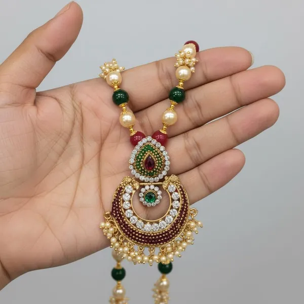 Gold-Plated_Chandbali_Pendant_Necklace_Set_|_Stone_&_Multi-Color_Bead_Chain_|_Ethnic_Traditional_Jewelry
