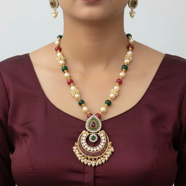 Gold-Plated_Chandbali_Pendant_Necklace_Set_|_Stone_&_Multi-Color_Bead_Chain_|_Ethnic_Traditional_Jewelry