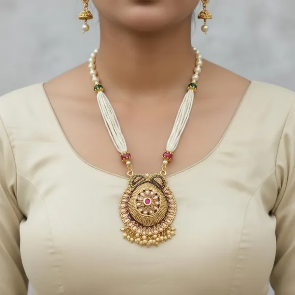Traditional_Gold-Toned_Circular_Meenakari_Pendant_Long_Necklace_|_Multi-Strand_Stone_Design_With_Jhumkas