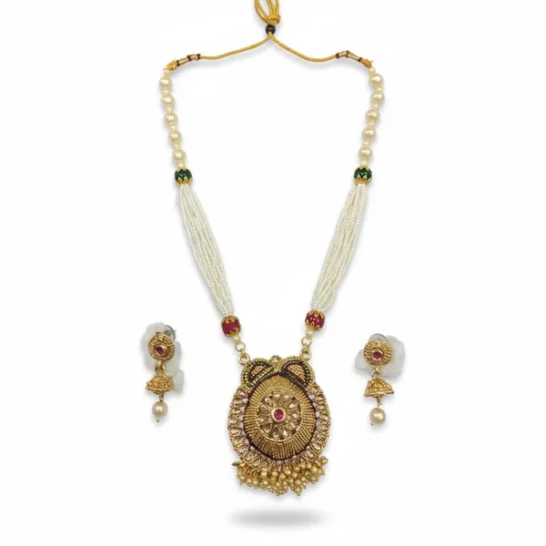 Traditional_Gold-Toned_Circular_Meenakari_Pendant_Long_Necklace_|_Multi-Strand_Stone_Design_With_Jhumkas