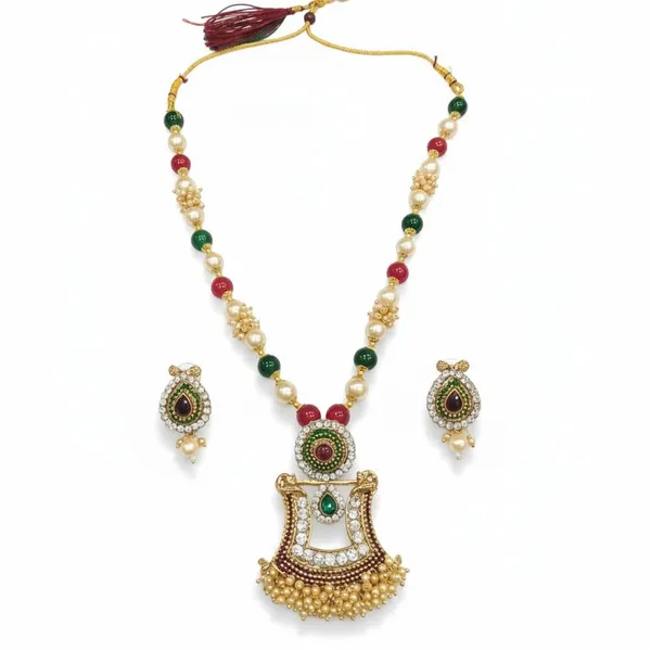 Multi_Color_Beaded_Necklace_Set_|_U_Shaped_Filigree_Pendant_With_Kundan_Accents_|_Gold_Plated_Traditional_Ethnic_Jewelry_|_Adjustable_Bridal_Wedding_Necklace_For_Women