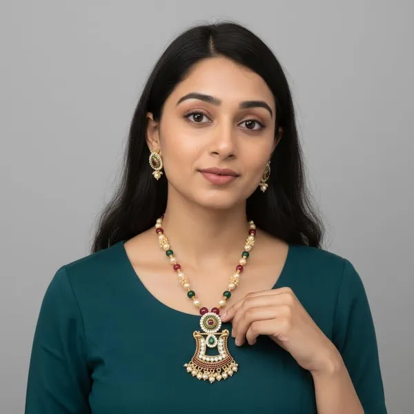 Multi_Color_Beaded_Necklace_Set_|_U_Shaped_Filigree_Pendant_With_Kundan_Accents_|_Gold_Plated_Traditional_Ethnic_Jewelry_|_Adjustable_Bridal_Wedding_Necklace_For_Women