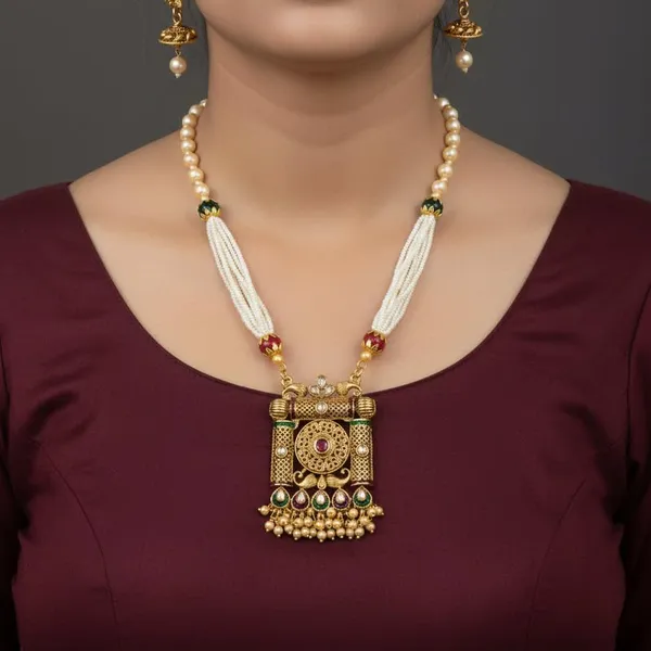 Traditional_South_Indian_Style_Gold-Plated_Pearl_Necklace_|_Floral_Pendant_Design_And_Adjustable_Ethnic_Jewelry