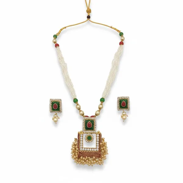 Traditional_Square_Frame_Pendant_Long_Necklace_Set_|_Green_And_Red_Stone_Accents_|_Gold_Plated_Ethnic_Jewelry_With_Matching_Earrings_|_Adjustable_Ceremony_Necklace_For_Women