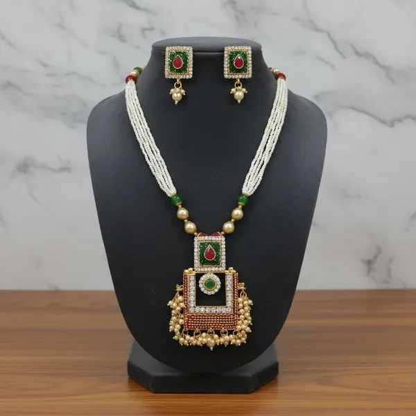 Traditional_Square_Frame_Pendant_Long_Necklace_Set_|_Green_And_Red_Stone_Accents_|_Gold_Plated_Ethnic_Jewelry_With_Matching_Earrings_|_Adjustable_Ceremony_Necklace_For_Women