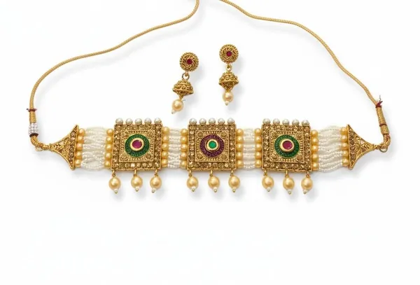 Gold-Plated_Multi-Strand_Pearl_Choker_Necklace_Set,_Square_Filigree_Motifs_|_With_Traditional_Jhumka_Earrings