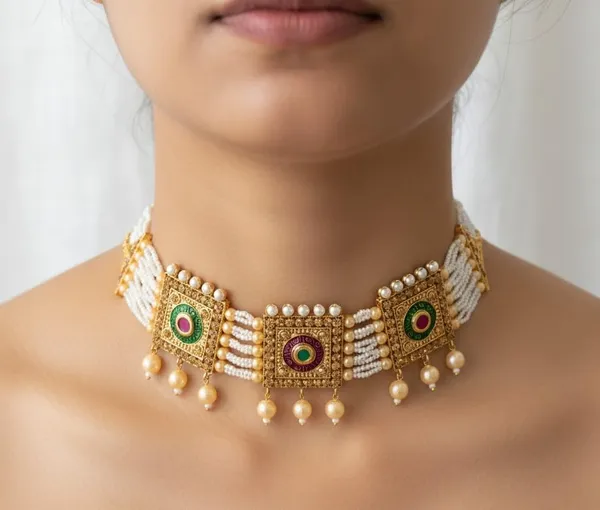 Gold-Plated_Multi-Strand_Pearl_Choker_Necklace_Set,_Square_Filigree_Motifs_|_With_Traditional_Jhumka_Earrings