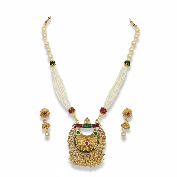 Traditional_Chandbali_Pearl_Haram_Necklace_Set_|_Red_And_Green_Stone_Accents_|_Gold_Plated_Ethnic_Jewelry_With_Matching_Jhumka_Earrings_|_Adjustable_Wedding_Ceremony_Set_For_Women