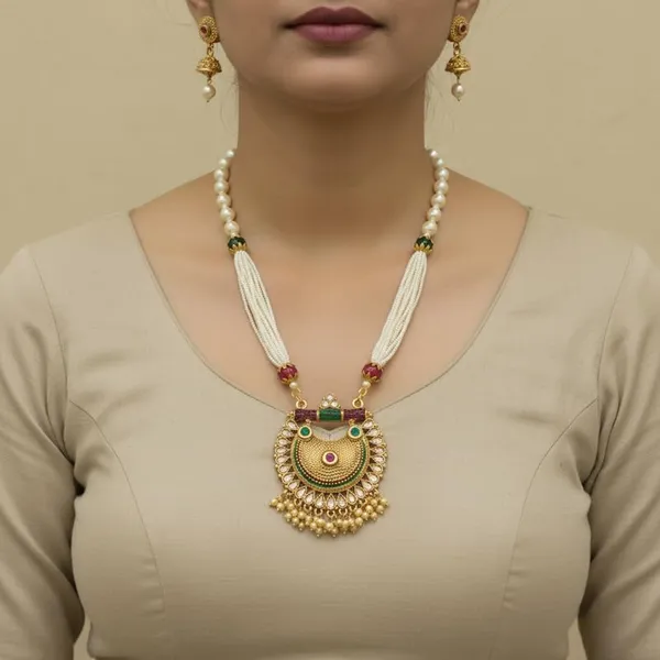 Traditional_Chandbali_Pearl_Haram_Necklace_Set_|_Red_And_Green_Stone_Accents_|_Gold_Plated_Ethnic_Jewelry_With_Matching_Jhumka_Earrings_|_Adjustable_Wedding_Ceremony_Set_For_Women