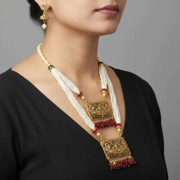 Gold_Plated_Double_Pendant_Rani_Haar_Necklace_Set_|_Maroon_Guchha_Beads_With_Multi_Layered_Stone_Detailing_|_Traditional_Long_Ethnic_Jewelry_|_Adjustable_Ceremony_Necklace_For_Women