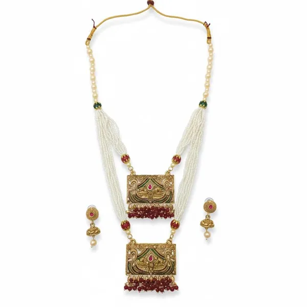 Gold_Plated_Double_Pendant_Rani_Haar_Necklace_Set_|_Maroon_Guchha_Beads_With_Multi_Layered_Stone_Detailing_|_Traditional_Long_Ethnic_Jewelry_|_Adjustable_Ceremony_Necklace_For_Women
