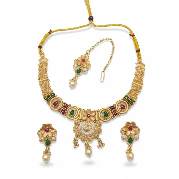Antique_Gold_Plated_Floral_Choker_Necklace_Set_|_Beads_Drop_Detailing_With_Earrings_And_Maang_Tikka_|_Traditional_Bridal_Jewelry_|_Adjustable_Wedding_Ceremony_Set_For_Women