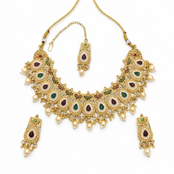 Gold-Plated_Kundan_&_Meenakari_Choker_Necklace_Set_|_Teardrop_Stone_Design,_Earrings_&_Maang_Tikka_Included