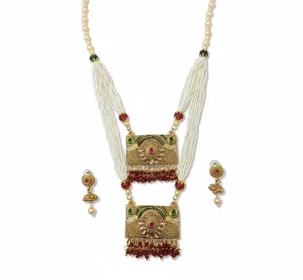 Antique_Gold-Plated_Double_Pendant_Rani_Haar_Necklace_|_Maroon_Bead_Accents,_Bridal_Jewelry