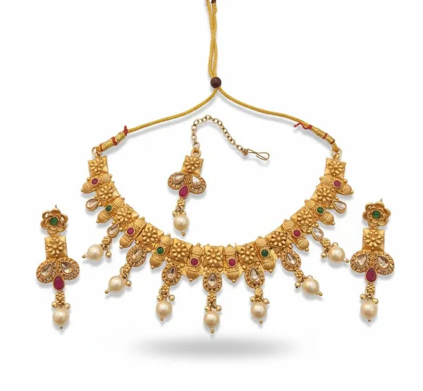 Gold-Plated_Kundan_Choker_Necklace_Set_|_Antique_Finish_Multi-Color_Bridal_Jewelry_|_With_Matching_Earrings_&_Maang_Tikka_For_Women