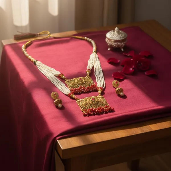 Traditional_Antique_Gold-Plated_Double_Pendant_Rani_Haar_|_Maroon_Beads_And_Seed_Stone