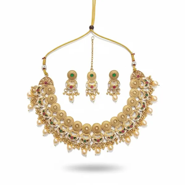 Traditional_Antique_Gold-Plated_Choker_Necklace_Set_|_Meenakari_Work_With_Faux_Pearls_|_Earrings_&_Maang_Tikka_Included