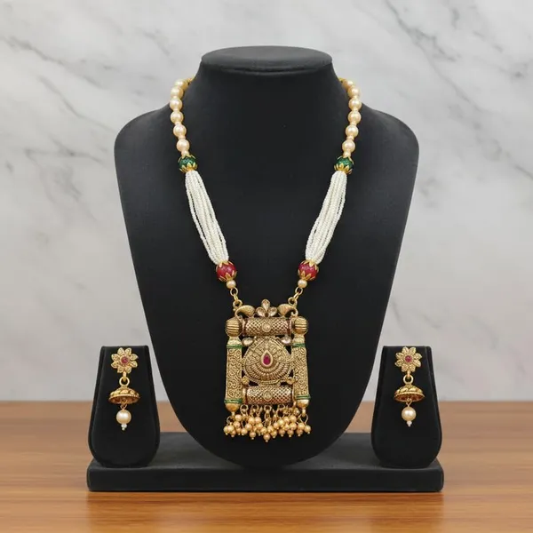Gold_Plated_Rectangular_Pendant_Necklace_Set_|_Ethnic_Beads_Cluster_Detailing_|_Traditional_Jewelry_With_Floral_Jhumka_Earrings_|_Adjustable_Ceremony_Necklace_For_Women