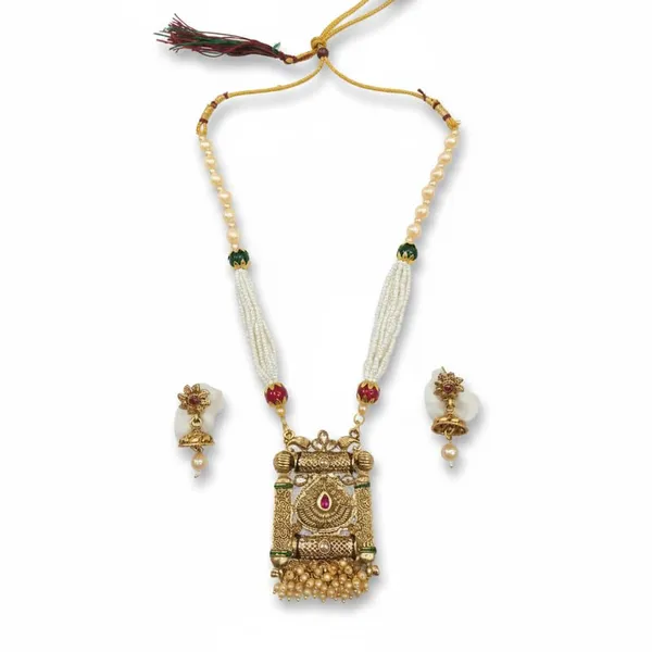 Gold_Plated_Rectangular_Pendant_Necklace_Set_|_Ethnic_Beads_Cluster_Detailing_|_Traditional_Jewelry_With_Floral_Jhumka_Earrings_|_Adjustable_Ceremony_Necklace_For_Women