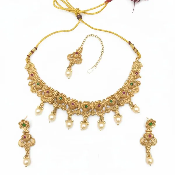 Matte_Gold-Plated_Chandrakor_Choker_Necklace_Set_|_Pink_&_Green_Accents_|_Earrings_&_Maang_Tikka