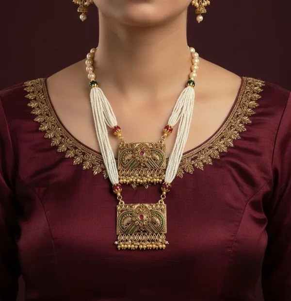 Antique_Gold-Plated_Double_Layered_Rani_Haar_Necklace_|_Meenakari_Pendant_Design_And_Traditional_Bridal_Jewelry