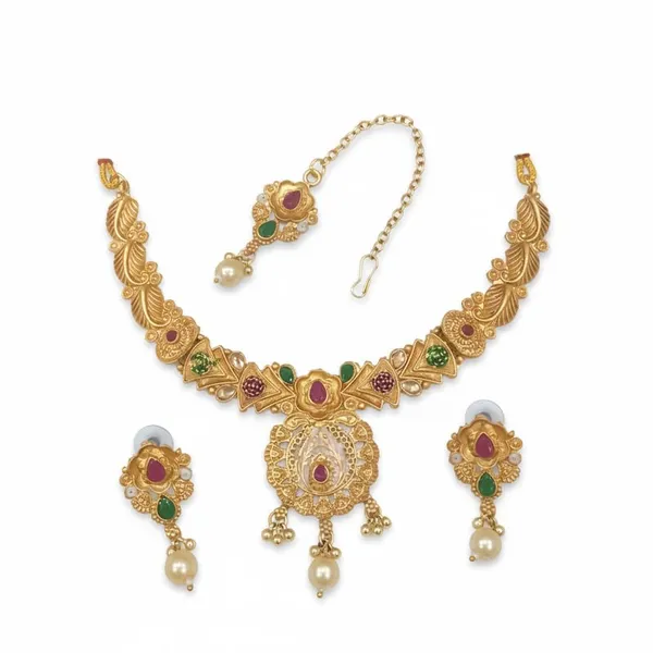 Antique_Gold-Plated_Floral_Filigree_Choker_Necklace_Set_|_Stone_Accents,_Earrings_&_Maang_Tikka